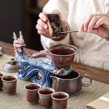 1 комплект керамического чайного сервиза для печи, полуавтоматический чайный сервиз «Дракон», ленивый чайный сервиз, вращающийся чайный сервиз с подносом, китайский чайный сервиз кунг-фу, домашняя гостиная, офис Re