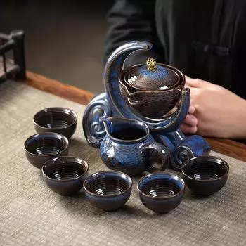 1 комплект керамического чайного сервиза Moon — вращающийся чайник для дома и офиса — включает в себя чашки и поднос для чайника — идеально подходит для наслаждения расслабляющей чашкой чая Crescent moon happy pot (kiln change)