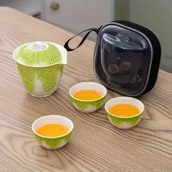 1 комплект керамического чайного сервиза с дизайном капусты, дорожный чайник и чашки в стиле кунг-фу, чайная посуда с капустой «Процветание», в комплект входит 1 горшок и 3 чашки, подарочный набор с футляром для переноски One Pot Of Cabbage, Three Cups +