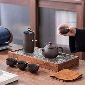 1 комплект, китайский керамический чайный сервиз, чайник из фиолетовой глины с 4 чашками, канистра для чая, чайное полотенце, портативная дорожная сумка, традиционный чайный горшок кунг-фу, чайный сервиз для дома A Set