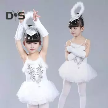 1 комплект, комплект детского балетного платья, головной убор, чехлы на рукава, пышные края, блестки, без рукавов, с открытой спиной, большой распашной сеткой, разбросанный подол, сценическое шоу. 130cm белый
