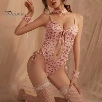 1 комплект, комплект для ролевых игр, леопардовый эротический кролик, сиамский высокоэластичный боди для девочек, кольцо на шею, головной убор, браслет, костюм