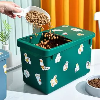 1 комплект, контейнер для корма для собак, влагостойкий, сохраняющий свежесть пластик, прочный, пылезащитный, герметичный, ведро для домашних животных и кошек с наклейкой для домашнего использования зелёный