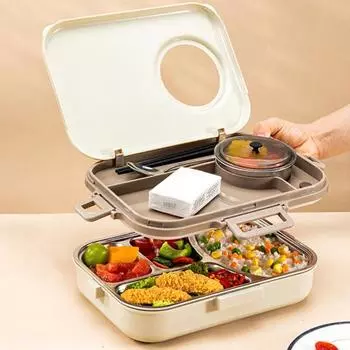 1 комплект, контейнер для обеда, отделение для хранения, удобная переноска, полезные 4 сетки, 1200 мл, миска для супа емкостью 200 мл и посуда для ежедневного использования синий