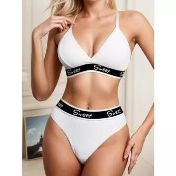 1 комплект контрастного треугольного бюстгальтера и трусиков, удобный и дышащий S белый