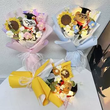 1 комплект крючком цветок вязаный подсолнух выпускной букет подарок украшение для вечеринки маленький медведь синий