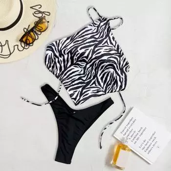 1 комплект купального костюма без бретелек с высокой талией, двухсекционный пляжный купальник с поясом, пляжный купальник M черный белый