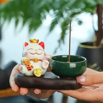 1 комплект Lucky Cat Курильница для благовоний Симпатичная керамическая ароматерапевтическая печь с украшением в виде кошки Дзен Курильница для благовоний Кронштейн для курильницы