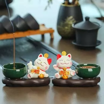 1 комплект Lucky Cat Курильница для благовоний Симпатичная Zen Курильница для благовоний Кронштейн для курильницы Керамическая ароматерапевтическая печь Украшение в виде кошки