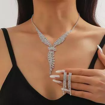 1 комплект, массивное ожерелье со стразами и крыльями ангела, элегантные роскошные гипоаллергенные серьги-капли линейной формы серебряный