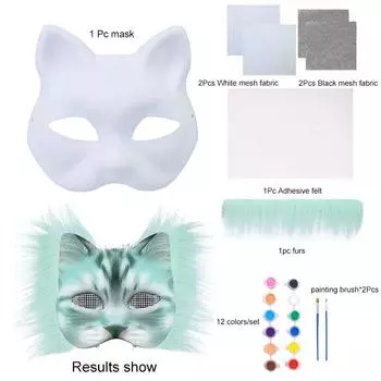1 комплект материалов для ручной работы, фестивальные принадлежности, маска из бумажной массы с мехом, полуфабрикат маски, маска лисы, маска кошки, пакет материалов для DIY, косплей светло-зеленый