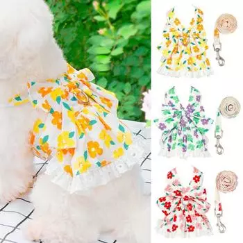 1 комплект, милая юбка-поводок для домашних животных, бант с цветочным принтом, защита от удушья, удобная тяга, весна-лето, аксессуар для домашних животных красный