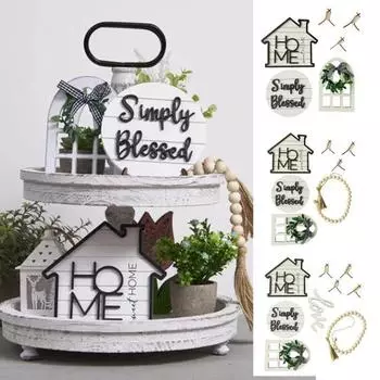1 комплект, многоярусное украшение для подноса в деревенском стиле с держателем, деревенский белый деревянный дом, дверная вывеска, полое окно, бусина, гирлянда, многослойное украшение для подноса C
