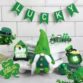 1 комплект, многоуровневое украшение для подноса ко Дню Святого Патрика, деревенский стиль, деревянная зеленая табличка «Счастливая трава» и гном, украшение для подноса с куклой, ирландский фестиваль, вечеринка, счетчик зелёный
