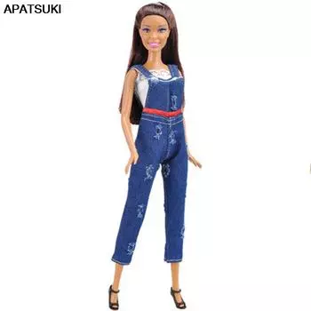 1 комплект, модная одежда для куклы Барби, 1/6, белый короткий кружевной топ и джинсы, брюки, одежда ручной работы на подтяжках для кукольного домика Барби синий