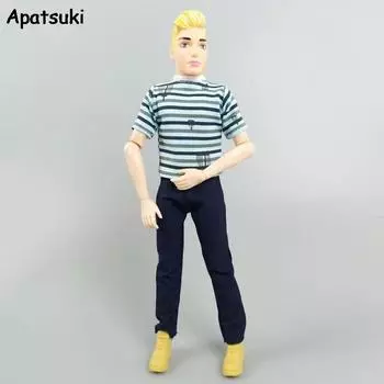 1 комплект модной кукольной одежды для кукол-мальчиков Кена, синяя полосатая рубашка, брюки, брюки для бойфренда Барби, аксессуары для кукол-мужчин Кена чёрный