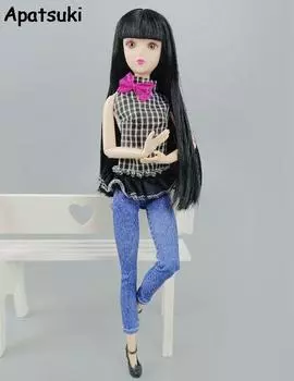 1 комплект модной кукольной одежды для куклы Барби, клетчатый топ, джинсовые брюки для куклы BJD 1:6, аксессуары для кукольного домика 1/6, игрушка синий