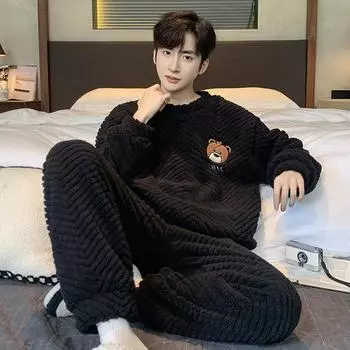 1 комплект мужской повседневной пижамы с круглым вырезом, мультяшный принт, трикотажная ткань из полиэстера, слегка эластичная, свободный крой, теплый комплект домашней одежды на осень/зиму L