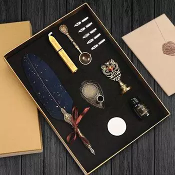 1 комплект, набор гусиных ручек в стиле ретро с лаковой палочкой, винтажный блестящий дизайн, набор перьевых ручек ручной работы для студентов темно-зеленого