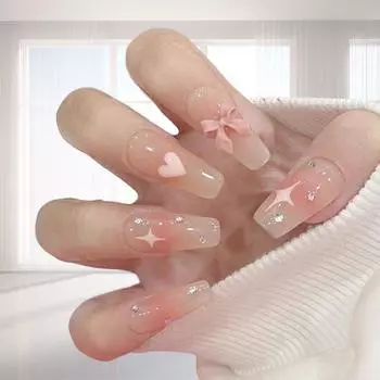 1 комплект накладных ногтей, легко удаляемые, полное покрытие, блеск, сделай сам, с клеем, сладкий фантазийный бант, сердце, расширенный искусственный маникюр, поставки для маникюрного салона розовый
