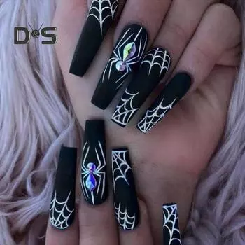 1 комплект накладных ногтей в виде паутины на Хэллоуин с клеем, готические черные длинные накладные ногти, полное покрытие, домашний салон, для женщин и девочек, акриловый набор для накладных ногтей Sets