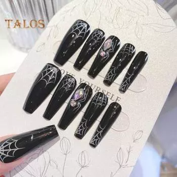 1 комплект накладных ногтей в виде паутины на Хэллоуин с клеем, готические черные длинные накладные ногти, полное покрытие, домашний салон, для женщин и девочек, акриловый набор для накладных ногтей Sets