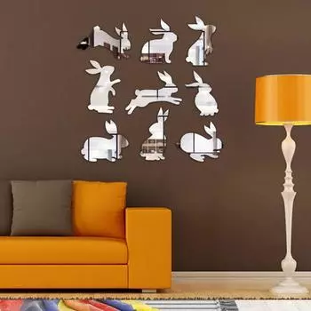 1 комплект, наклейка на стену, самоклеящаяся акриловая детская комната, зеркало для гостиной, наклейка на стену с кроликом, домашний декор серебряный
