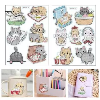 1 комплект, наклейки со стразами, красочные мультяшные наклейки с изображением кота, стразы, ремесло для детей и взрослых Cat
