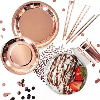 1 комплект необычной прочной бумажной посуды, одноразовые глянцевые тарелки, чашки, соломинки, праздничные принадлежности золотистый