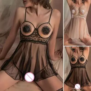 1 комплект, ночная рубашка, комплект стрингов, ажурная кружевная однотонная с проволокой порнографическая прозрачная кружевная ночная рубашка для стриптизерш с низким вырезом