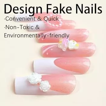 1 комплект очаровательных французских заостренных квадратных накладных ногтей, накладные ногти с лентой и стразами в форме сердца, розовые блестящие накладные ногти