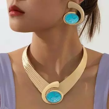 1 комплект очаровательных темпераментных акриловых серег с инкрустацией, набор колье, ретро-дизайн, европейский и американский бирюзовый