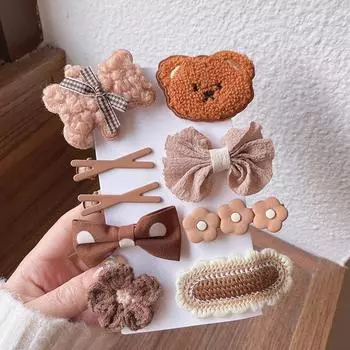 1 комплект, осенне-зимние милые плюшевые заколки с бантом в виде медведя, детские заколки для волос для маленьких девочек, вязаные заколки с цветком, детские аксессуары для волос