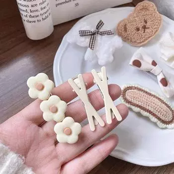 1 комплект, осенне-зимние милые плюшевые заколки с бантом в виде медведя, детские заколки для волос для маленьких девочек, вязаные заколки с цветком, детские аксессуары для волос