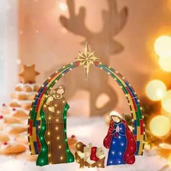 1 комплект, отличный металлический Рождественский орнамент со светодиодной подсветкой, сцена Святого семейства, украшение для сада для праздника B