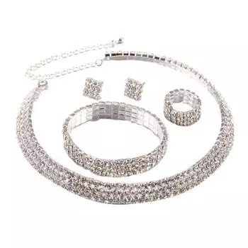 1 комплект, ожерелье, браслет, серьги, кольцо, геометрические стразы, ювелирные изделия, сияющий яркий комплект ювелирных изделий серебряный