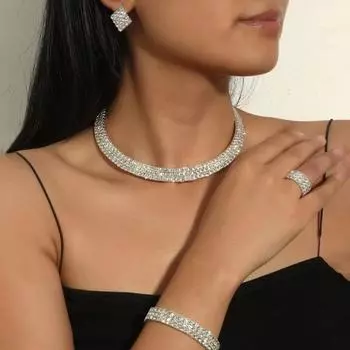 1 комплект, ожерелье, браслет, серьги, кольцо, геометрические стразы, ювелирные изделия, сияющий яркий блеск серебряный