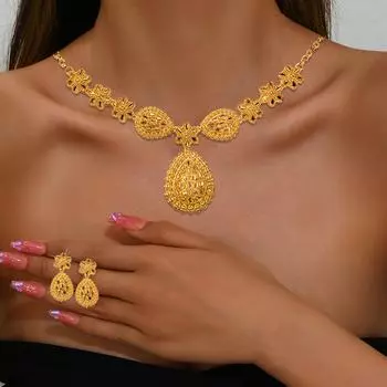 1 комплект ожерелье серьги комплект ажурный капля воды золотой сплав симметричный полированный выпускной вечер свадьба вечеринка невесты комплект ювелирных изделий золотистый