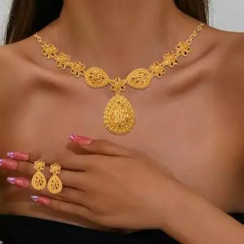 1 комплект ожерелье серьги комплект ажурный капля воды золотой сплав симметричный полированный выпускной вечер свадьба вечеринка невесты комплект ювелирных изделий золотистый