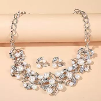 1 комплект ожерелья невесты с ослепительными стразами и полыми листьями, элегантный, благородный, глянцевый, искусственный серебряный