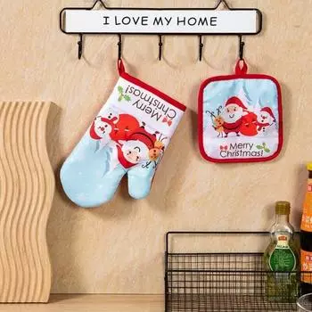 1 комплект перчаток для выпечки с мультяшным узором, рождественские перчатки, термостойкие перчатки для духовки с ковриком для домашней кухни B