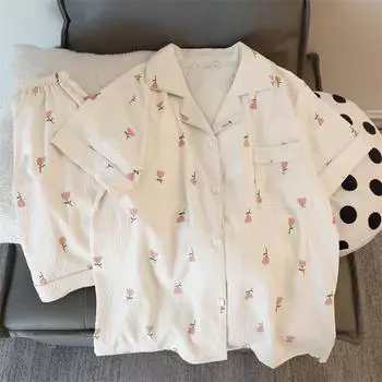 1 комплект пижам с мягким цветочным принтом, повседневный топ с коротким рукавом на пуговицах и шорты из искусственного хлопка, женская домашняя одежда, одежда для сна для женщин M