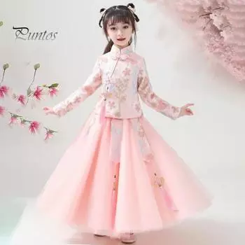 1 комплект, платье Cheongsam для девочек, современный китайский стиль, мягкий удобный костюм из смеси хлопка, осенний костюм 140cm синий