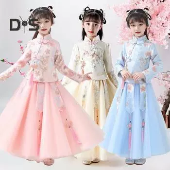 1 комплект, платье Cheongsam для девочек, современный китайский стиль, мягкий удобный костюм из смеси хлопка, осенний костюм 140cm синий