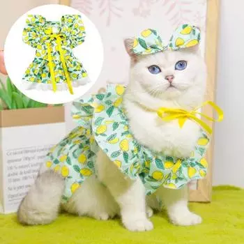 1 комплект, платье для домашних животных, платье для собаки с лимонным принтом, юбка принцессы с рюшами на рукавах и головным убором, товары для домашних животных S зелёный