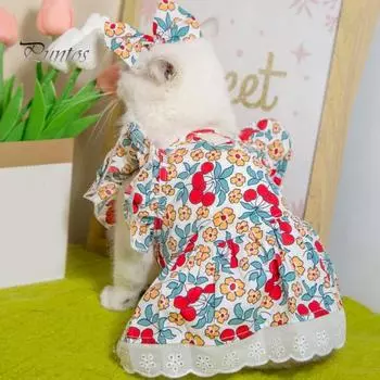 1 комплект, платье для домашних животных, платье принцессы с цветочным принтом для собак, комплект с головным убором, летнее платье с рюшами и рукавами для кошек, товары для домашних животных S белый