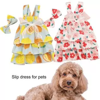 1 комплект, платье для домашних животных, мягкий удобный многослойный дизайн, платье без рукавов с лимонным принтом, платье с бантом для собак и кошек, повседневная одежда S жёлтый