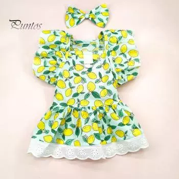 1 комплект, платье для домашних животных, платье для собаки с лимонным принтом, юбка принцессы с рюшами на рукавах и головным убором, товары для домашних животных L зелёный