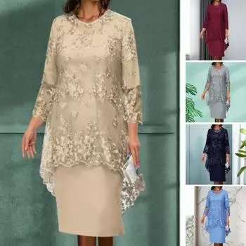 1 комплект, платье с шалью, цветочный узор, вышитое кружево, элегантное вечернее платье до середины икры с круглым вырезом, комплект для вечеринки 2XL шампанского