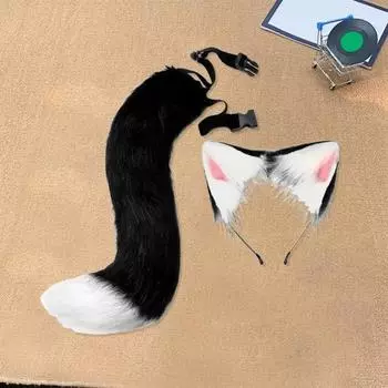 1 комплект, поддельный лисьий хвост, повязка на голову, ошейник, набор, мягкий, пушистый, плюшевый, регулируемый обхват талии, противоскользящий, костюм для выступлений, реквизит, искусственный хвост чёрный